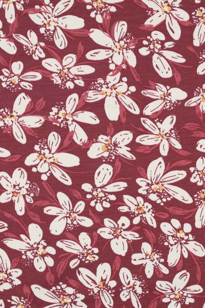 French terry jersey - burgundy with white flowers