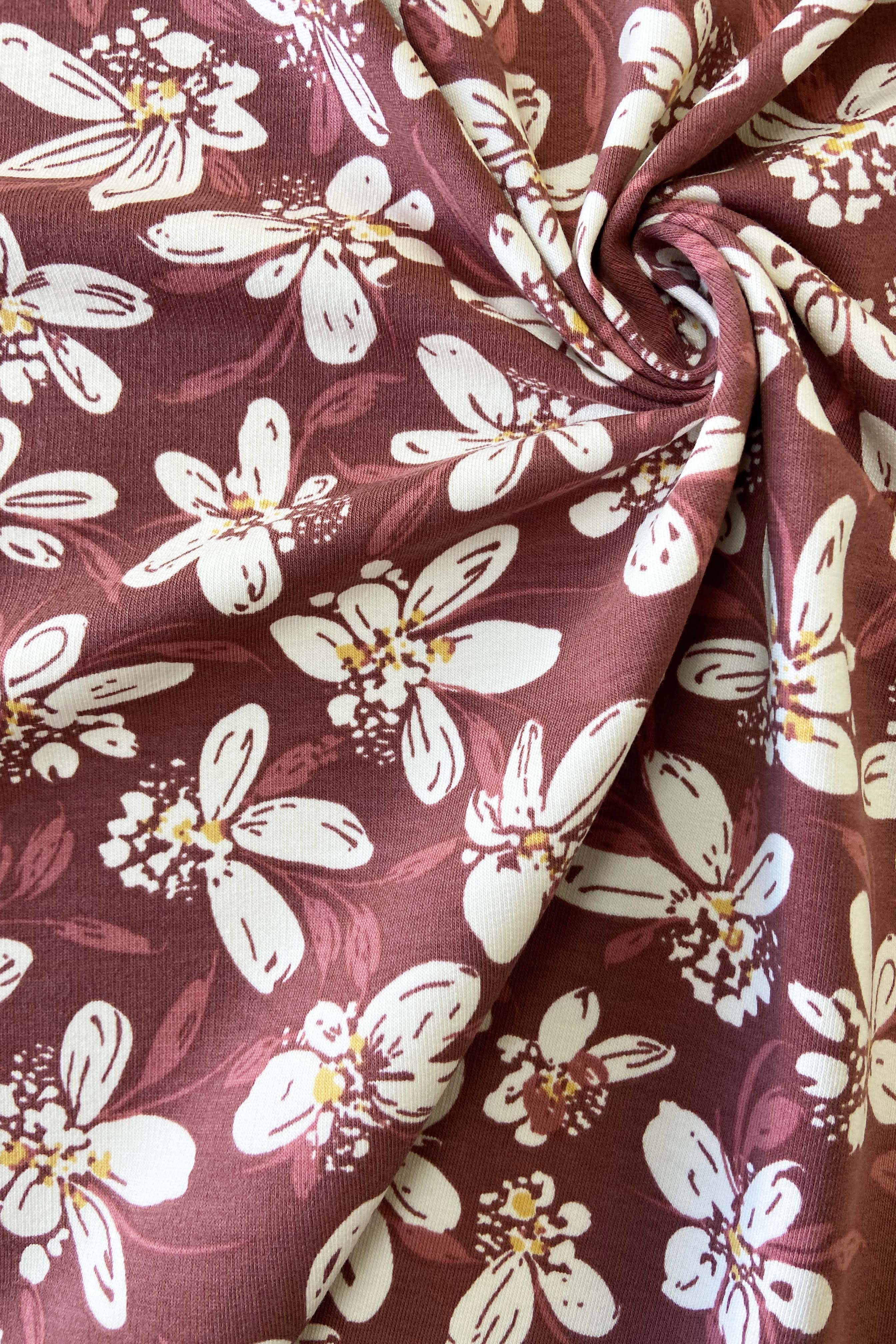 French terry jersey - burgundy with white flowers